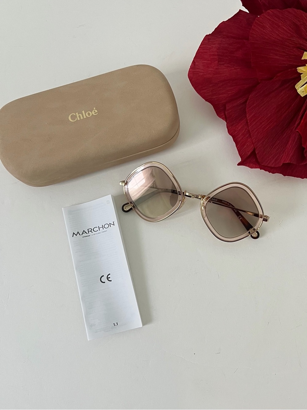 Chloé Mod Rectangle 55mm Sunglasses In Gold Light Pink & Gradient Brown - New!